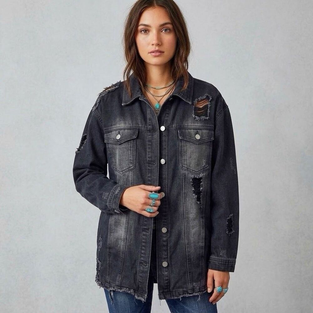 Missguided Denim Jacket Black Distressed Ripped Trucker Frayed Raw Hem Sz 6 Edgy